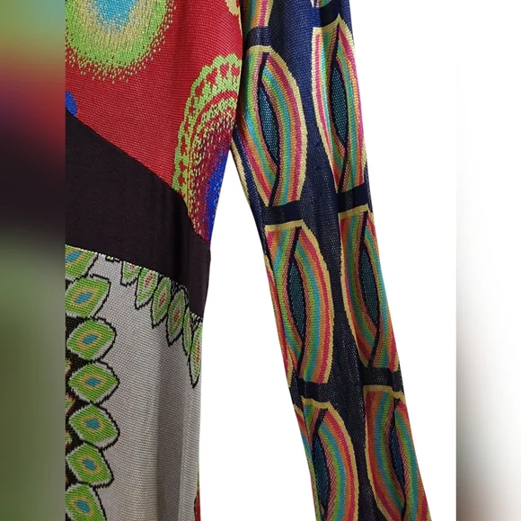 DESIGUAL abstract colorful long sleeve midi dress v-neck size XL - Picture 4 of 9
